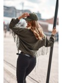 Oversize women\'s khaki sweatshirt with fringes FI671 - Online store - Boutique